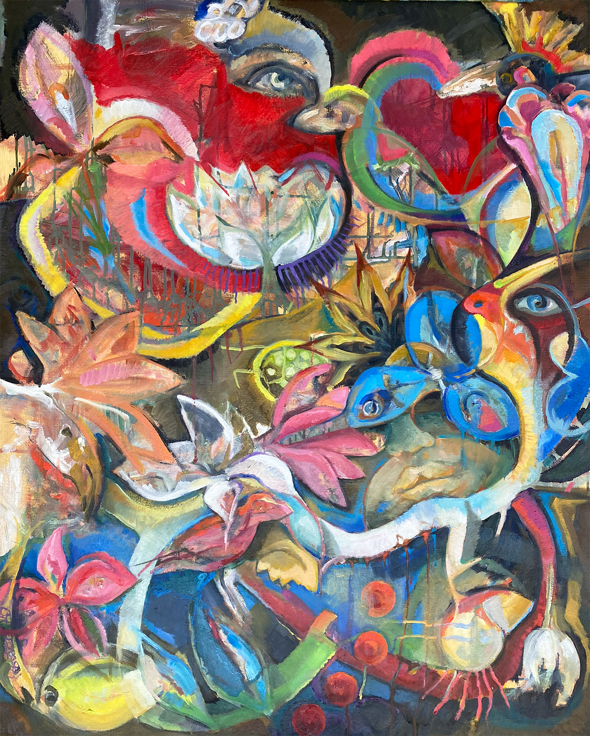 Schilderij met een veelvoud aan kleurrijke bloemen met veel roze, blauw en geel tegen een donkere achtergrond. Ook zijn er gezichten zichtbaar