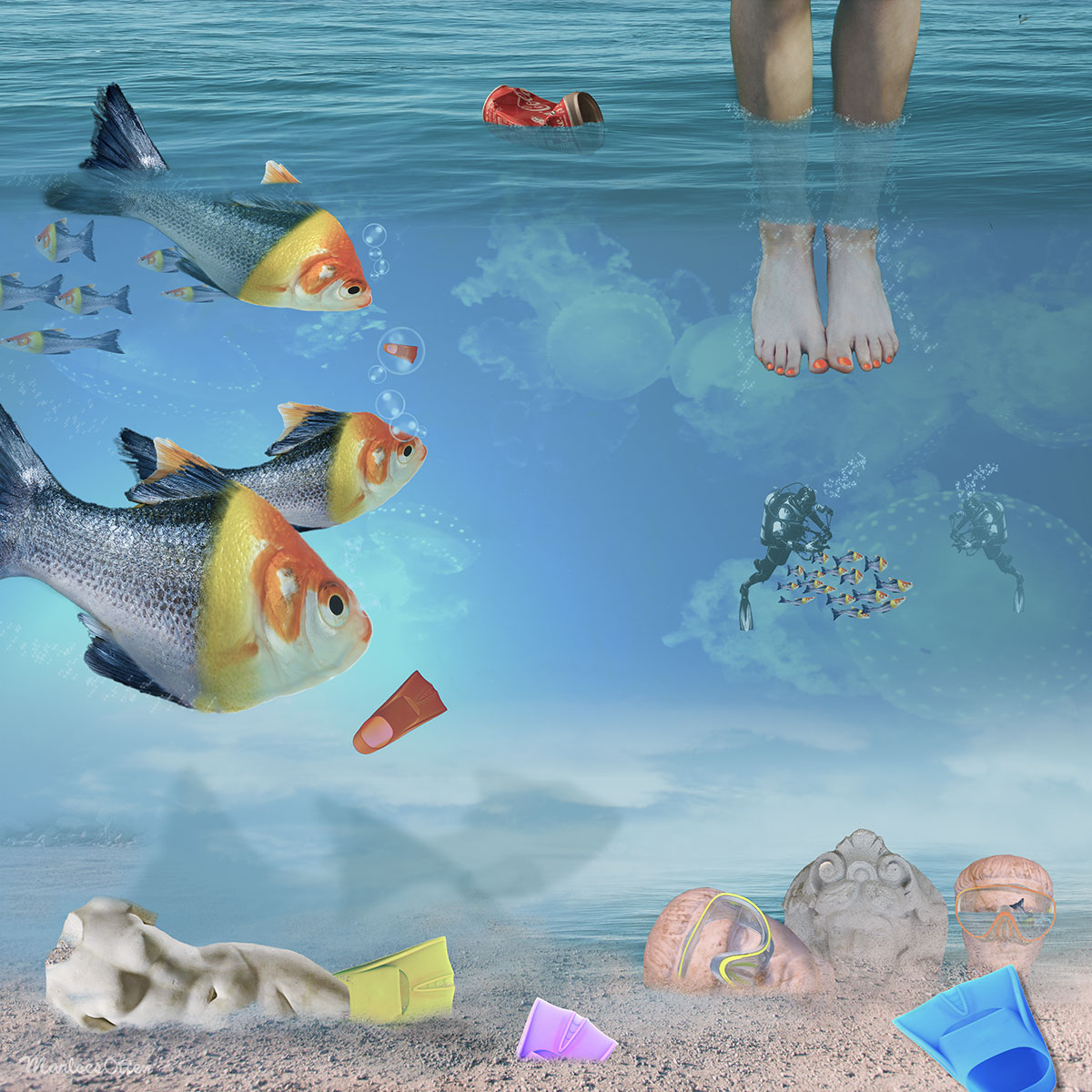 digitaal kunstwerk Lemonfish door Marloes Otten met onderwater en bovenwater zich met vis doorsneden met citroenschijf