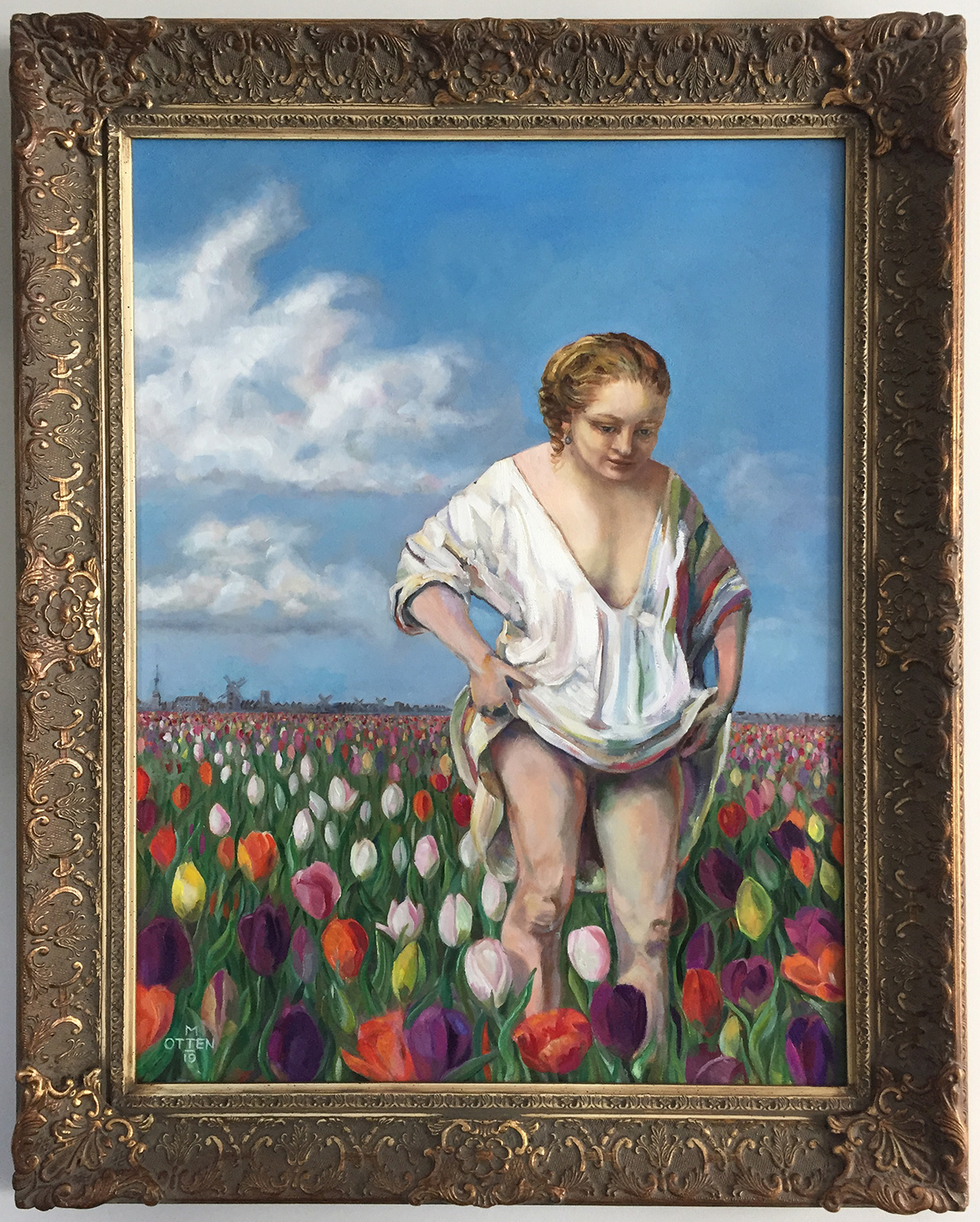 Hendrickje van Rembrandt in een veld met tulpen