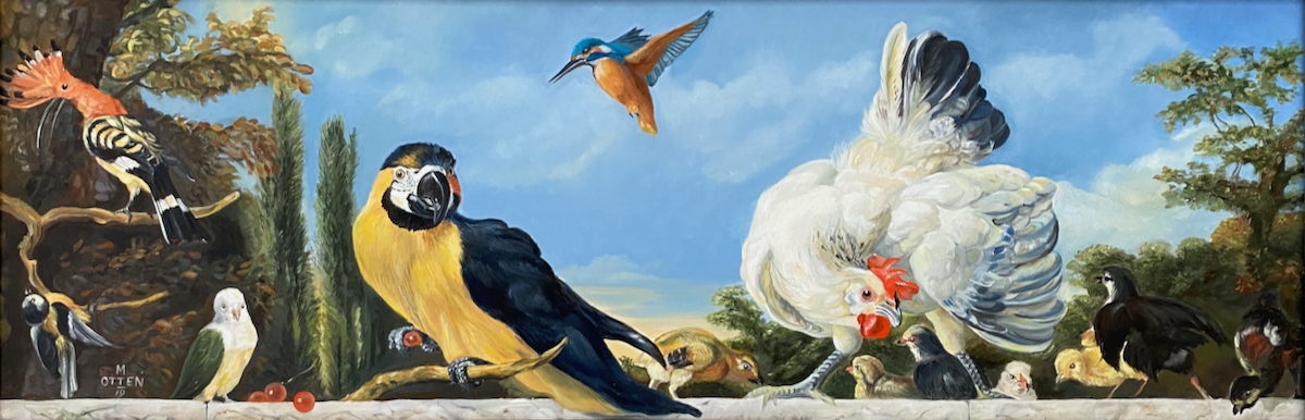 balustrade met volgels, kuikens, een kip, een papagaai en in de lucht een ijsvogeltje
