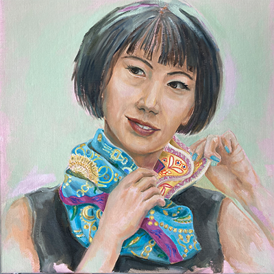 olieverf portret van dame met hermes sjaal