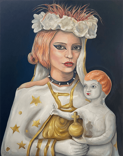 Vrouw met rood haar, Maria, in de huid van een Mariabeeldje van Andenne porselein - Woman with red hair in the skin of a porselain statue from the Belgian Andenne region