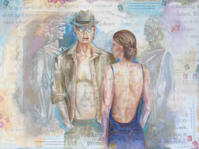 Schilderij met een vrouw en man in beige shirt. Op de achtergrond twee figuren afkomstig van postzegels uit Frankrijk uit de jaren 30