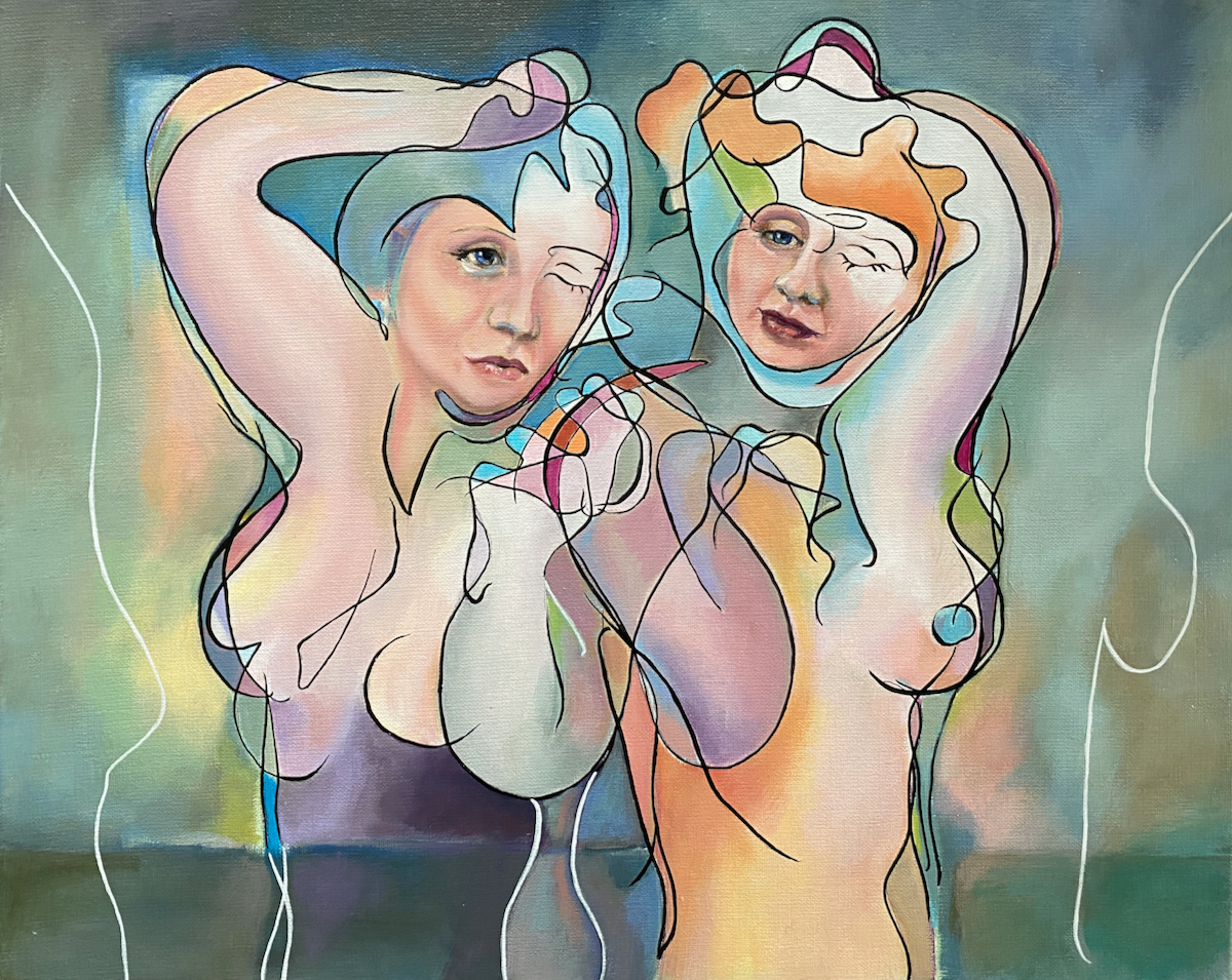 schilderij met twee vrouwen in felle kleuren met realistisch geschilderde gezichten en sterk omlijnde contouren