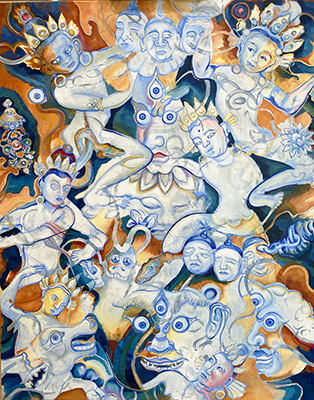 olieverf schilderij met Thangka dansers van Marloes Otten