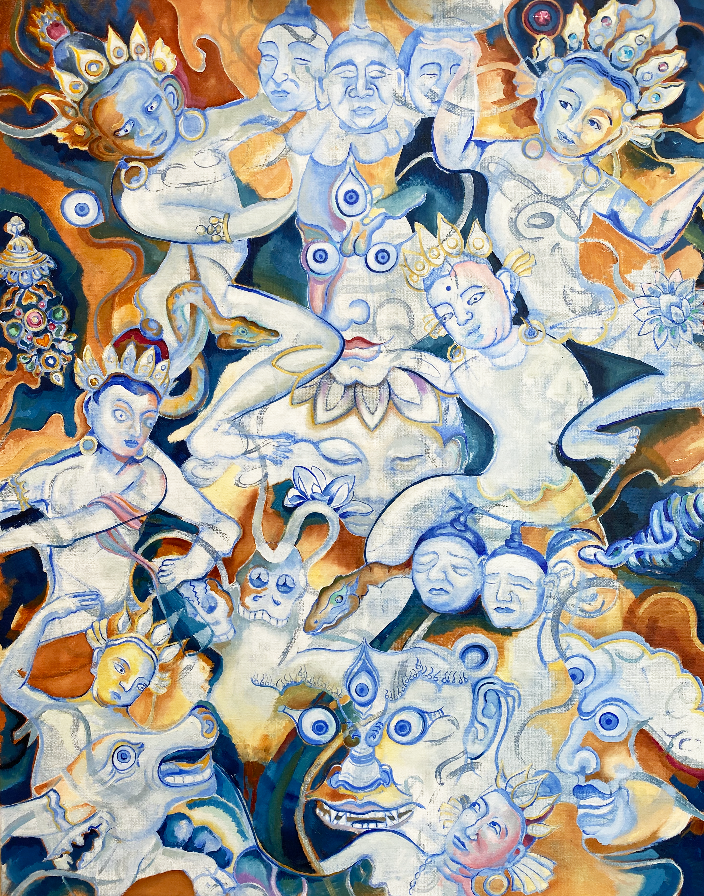 Schilderij met verschillende dansers en figuren in blauw tegen een oker sienna kleurige achtergrond geïnspireerd op een middeleeuws Thangka kleed 