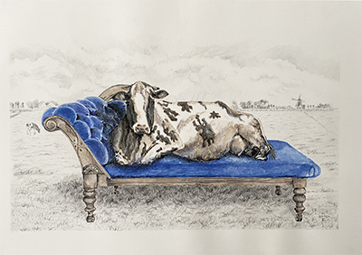 tekening met koe op blauw art deco bankje