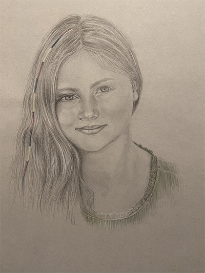 tekening van Daniek met gekleurde lintjes in het haar met grafiet en potlood