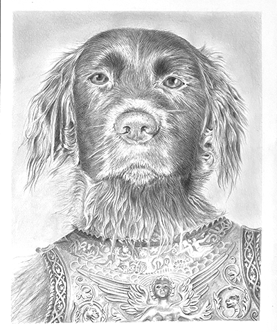 grijs zwarte tekening van een hond met een harnas