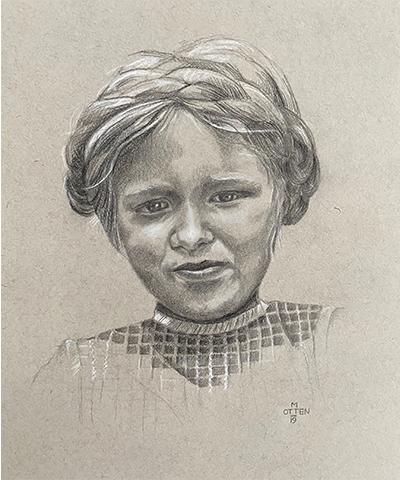 Zelfportret van jonge Marloes Otten met vlechten op het hoofd